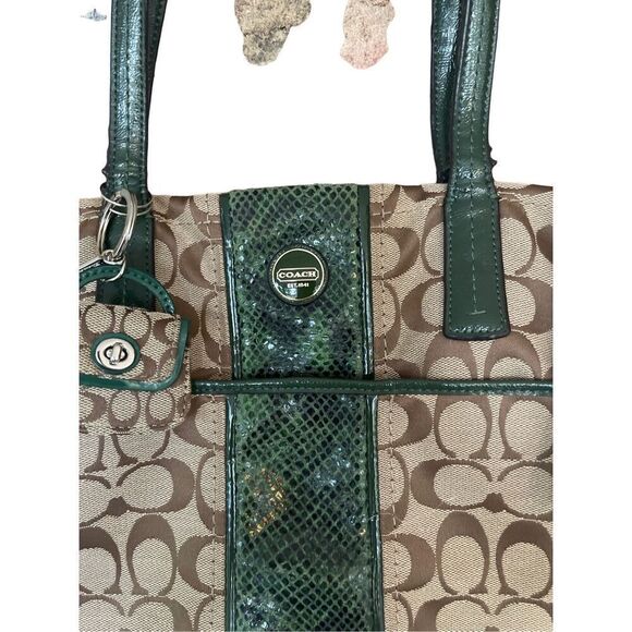 Coach Womens Khaki & Green Double Handle Signature Stripe Python Tote Bag - Picture 2 of 8
